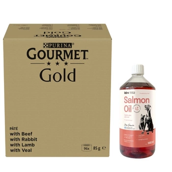 Purina Gourmet Gold Mus mix 96x85g (hovädzie, králičie, jahňacie, teľacie) & LAB V Lososový olej pre psov a mačky 1000ml
