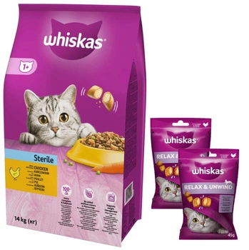 Whiskas Adult Sterile Chicken 14 kg + WHISKAS Relax & Relieve 2x45g pochúťka pre mačky, s kuracím mäsom Zdarma!
