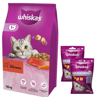 Whiskas Adult s hovädzím mäsom 14 kg + WHISKAS Relax & Relieve 2x45g pochúťka pre mačky, s kuracím mäsom Zdarma!