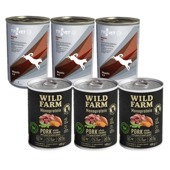Trovet Dog Hepatic HLD 3x400 g & WILD FARM Monoproteínové bravčové mäso 3x400g hypoalergénne krmivo pre psov