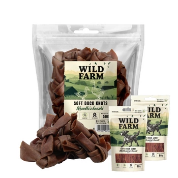 Psí maškrta WILD FARM Kačacie uzly 500g & WILD FARM mäkké kuracie prsia 2x80g psia maškrta