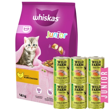 WHISKAS Junior chicken 14kg + WILD FARM Premium Grain Free Turkey and Salmon Junior 6x400g