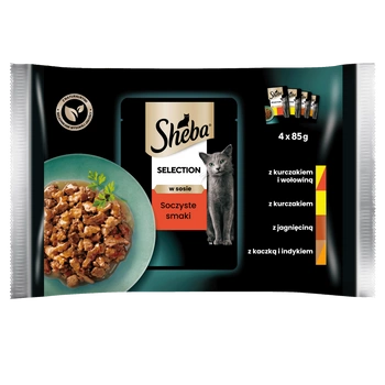 SHEBA sáčok 4x85g Selection in Sauce Juicy Smaki - mokré krmivo pre mačky v omáčke (s hovädzím mäsom, s jahňacím mäsom, s kuracím mäsom, s morčacím mäsom)