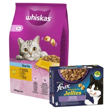 Whiskas Adult Sterile Chicken 14 kg & FELIX Sensation Výber príchutí v želé 12x85g
