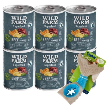 Wild Farm Superfood Beef 6x400g krmivo pre psov bez obilnín & Žuvacia hračka pre psov - kosť 18 cm (náhodný vzor)