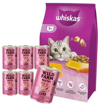 Whiskas s kuracím mäsom 14 kg & WILD FARM Paštéta s jahňacím mäsom 6x400g - bezlepkové krmivo pre mačky