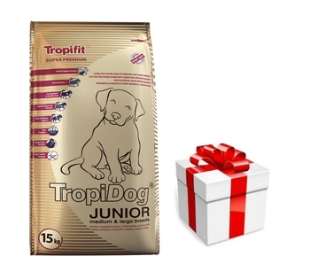 TROPIDOG Super Premium junior stredné a veľké plemená moriak, losos a vajcia 15kg + prekvapenie pre vášho psa ZDARMA