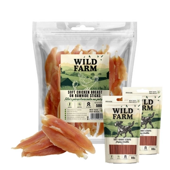 WILD FARM Kuracie prsia na paličke 500g psia maškrta & WILD FARM králičie prúžky 2x80g psia maškrta