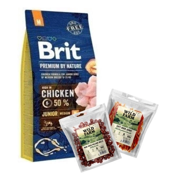 BRIT Premium By Nature Junior M 15kg & WILD FARM 2x500g psie maškrty mix príchutí