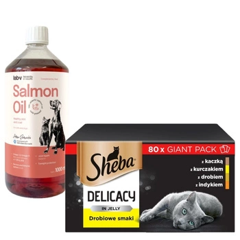 SHEBA sáčky 80x85g Delicacy príchute hydiny - vlhké krmivo pre mačky v želé, s kačacinou, s kuracím mäsom, s hydinou, s morčacím mäsom & LAB V Lososový olej pre psov a mačky 1000ml