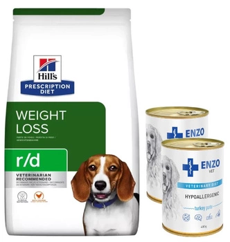 HILL'S PD Prescription Diet Canine r/d 10kg & ENZO VET Hypoalergénne hypoalergénne krmivo s morkou pre psov 2x400g