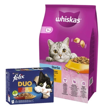 Whiskas Adult Sterile Chicken 14 kg & FELIX Duo vidiecke príchute v želé 12x85g