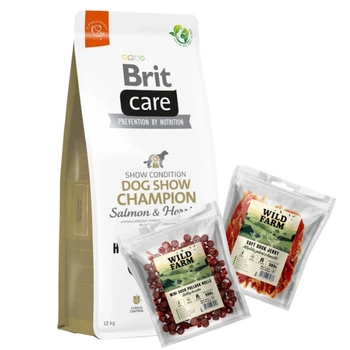 BRIT CARE Dog Hypoallergenic Dog Show Champion Salmon & Herring 12kg & WILD FARM Mix príchutí 2x500g