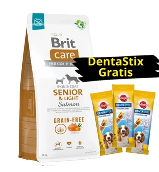 BRIT CARE Dog Grain-free Senior & Light Salmon 12kg + 3x DentaStix ZADARMO