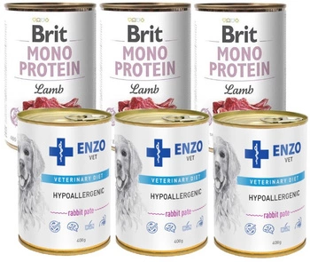 Brit mono protein lamb 3x400g & ENZO VET Hypoalergénne hypoalergénne krmivo s králikom pre psov 3x400g
