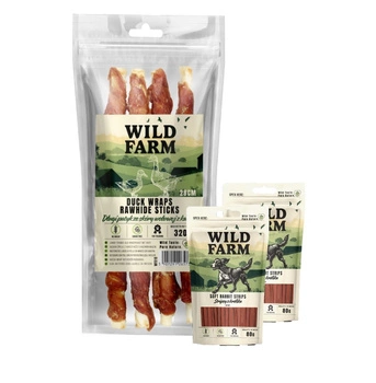 WILD FARM Dlhá tyčinka z hovädzej kože s kačacím mäsom 28 cm 320 g psia maškrta & WILD FARM králičie prúžky 2x80g psia maškrta