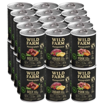 Hypoalergénne krmivo pre psov Wild Farm Monoprotein Mix Flavours 30x400g