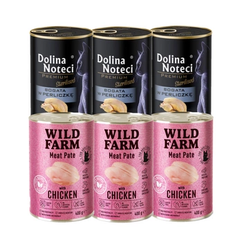 DOLINA NOTECI Premium pre sterilizované mačky s vysokým obsahom perličiek 3x400g + WILD FARM Pate Chicken 3x400g