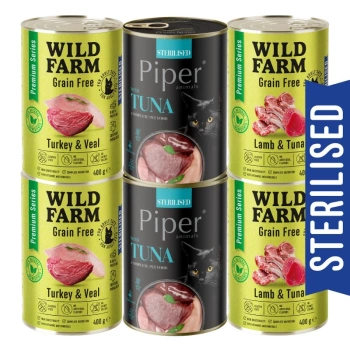 WILD FARM Premium Grain Free + Piper 6x400g - krmivo bez obilnín pre sterilizované mačky
