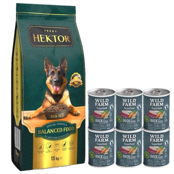 HEKTOR BALANCED Dospelý 15kg & Wild Farm Superfood Duck 6x400g krmivo pre psov bez obilnín