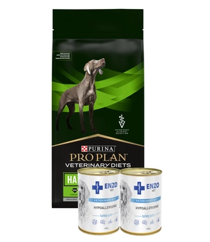 PRO PLAN Veterinary Diets  HA Hypoallergenic Suché krmivo pre psov 11kg + ENZO VET Hypoalergénna diéta s morčacím mäsom pre psy 2x400g