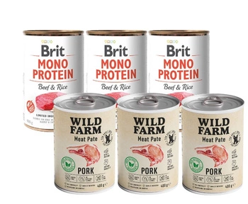 BRIT MONO PROTEIN BEEF & BROWN RICE 3x400g & WILD FARM Bravčová paštéta 3x400g bezlepkové krmivo pre psov
