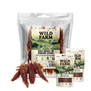 WILD FARM filet z kačacích pŕs na paličke 500g pochúťka pre psa & WILD FARM králičie prúžky 2x80g psia maškrta