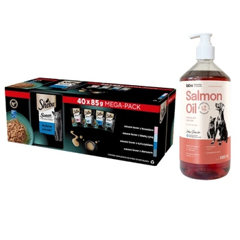SHEBA Sauce Collection s rybími príchuťami vrecúška 40x85g – kompletné mokré krmivo pre dospelé mačky, v omáčke & LAB V Lososový olej 1000ml