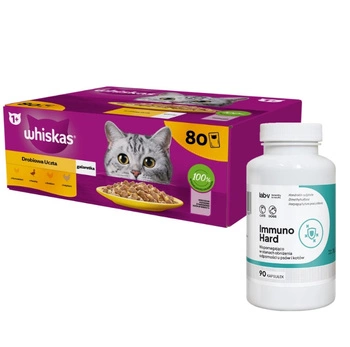 WHISKAS Adult sáčok 80 x 85 g Hydinové kúsky - vlhké krmivo pre dospelé mačky v želé (kúsky s: kuracím, kačacím, hydinovým, morčacím mäsom) & LAB-V Immuno Hard 90 kapsúl