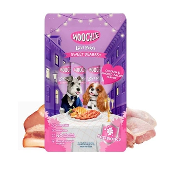 MOOCHIE Love Puree Kuracie mäso a údená slanina 4x15g psia maškrta s príchuťou kuracieho mäsa a údenej slaniny