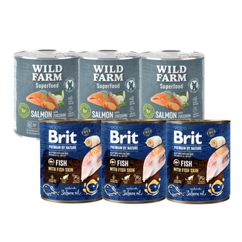 Brit Premium by Nature Fish with Fish Skin 3x800g + WILD FARM Superfood Salmon 3x800g