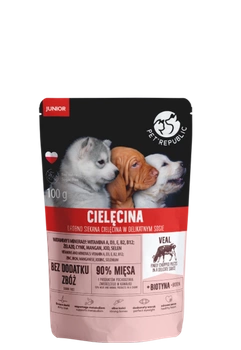 PetRepublic JUNIOR jemne nakrájané kúsky v jemnej omáčke - teľacie mäso 12x100g pre psov