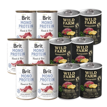 BRIT MONO PROTEIN LAMB & BROWN RICE 6x400g + Wild Farm Monoprotein Wild Boar 6x400g