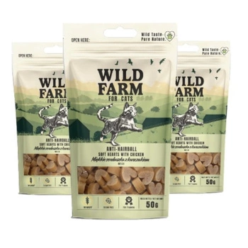 WILD FARM anti-hairball mäkké kuracie srdiečka 3x50g mačacie maškrty