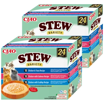 INABA Cat Ciao Stew - doplnkové krmivo pre mačky s príchuťou kuracieho mäsa, tuniaka, lososa a hrebenatky 2x(24x40g)