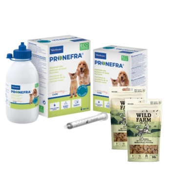 Pronefra pre psy a mačky 180 ml & WILD FARM mäkké kuracie srdcia proti tvorbe bezoárov 2x50g maškrta pre mačky