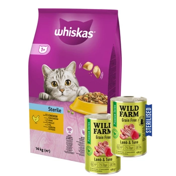 Whiskas Adult Sterile Chicken 14 kg + WILD FARM Premium Grain Free Lamb and Tuna 2x400g