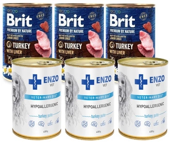 Brit Premium by Nature Turkey with Liver 3x400 g & ENZO VET Hypoalergénne hypoalergénne krmivo s morkou pre psov 3x400g