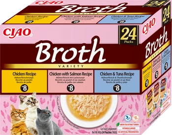 INABA Ciao Broth - doplnkové krmivo pre mačky, vývar s príchuťou kuracieho, lososového a tuniakového mäsa, 24x40g