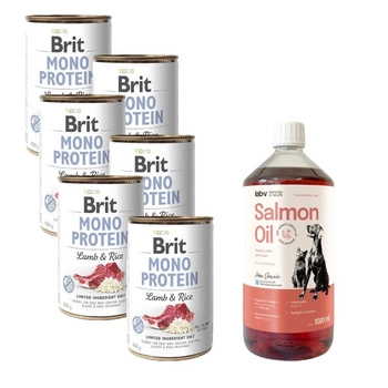 BRIT MONO PROTEIN LAMB & BROWN RICE 6x400g & LAB V Lososový olej pre psov a mačky 1000ml