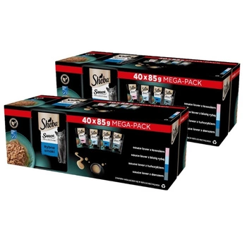 SHEBA Sauce Collection s rybími príchuťami vrecúška 80x85g – kompletné mokré krmivo pre dospelé mačky, v omáčke