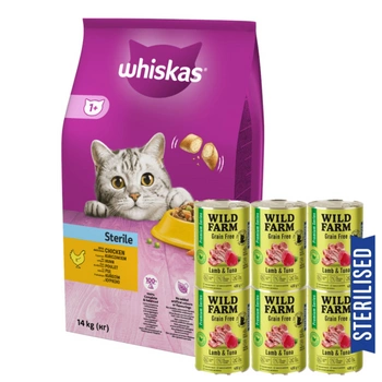 Whiskas Adult Sterile Chicken 14 kg + WILD FARM Premium Grain Free Lamb and Tuna 6x400g