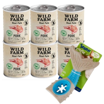 Wild Farm Pate Pork 6x400g bezlepkové krmivo pre psov & Žuvacia hračka pre psov - kosť 18 cm (náhodný vzor)