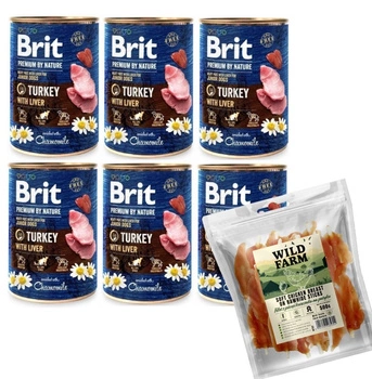 Brit Premium by Nature morčacie mäso s pečeňou 6x400g & WILD FARM Kuracie prsia na paličke 500g psia maškrta