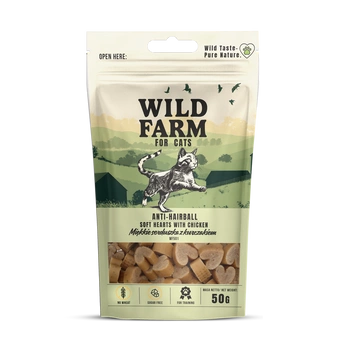 WILD FARM anti-hairball mäkké kuracie srdiečka 50g mačacie maškrty
