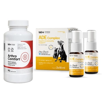 Lab-v ADE Complex – Komplex vitamínov A, D a E vo forme spreja pre psov a mačky 2 x 10 ml & LAB-V Arthro Comfort – Komplexná podpora zdravia kĺbov a pohybového aparátu pre psov a mačky 90 kapsúl