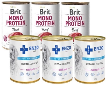 Brit mono protein beef 3x400g & ENZO VET Hypoalergénne hypoalergénne krmivo s králikom pre psov 3x400g