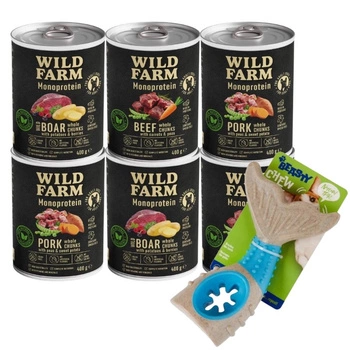 WILD FARM Monoproteínová zmes príchutí 6x400g hypoalergénne krmivo pre psov & Žuvacia hračka pre psov - kosť 18 cm (náhodný vzor)