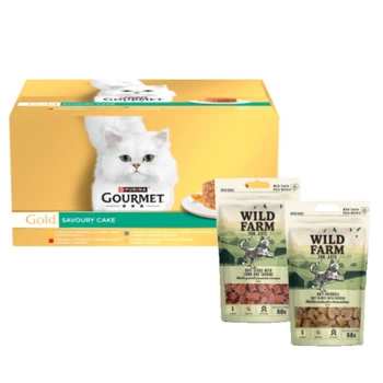 Purina Gourmet Gold Savory Cake krmivo pre mačky 48 x 85 g & WILD FARM 2x50g maškrty pre mačky
