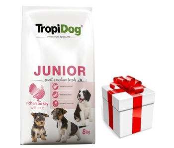 TROPIDOG Premium Junior pre malé a stredné plemená s lososom a ryžou 8kg + Prekvapenie pre vášho psa ZDARMA